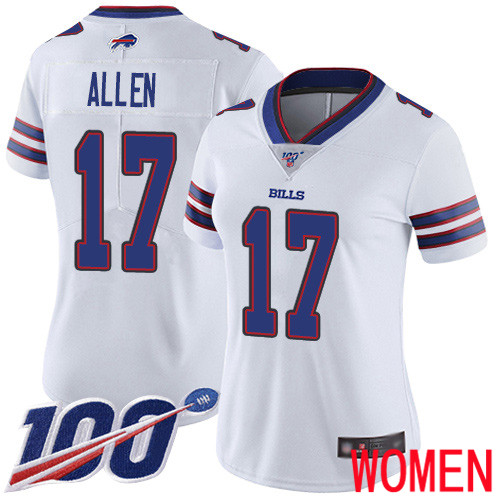 Women Buffalo Bills #17 Josh Allen White Vapor Untouchable Limited Player 100th Season NFL Jersey
